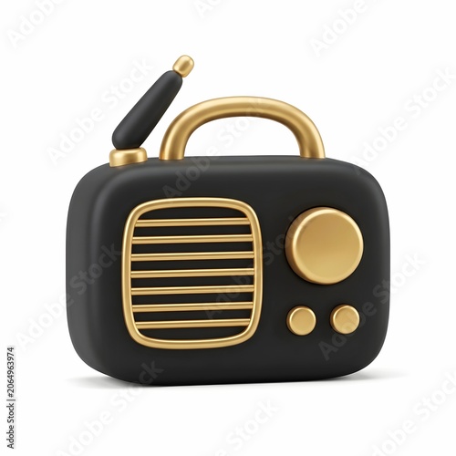 3D illustration of a black and gold vintage radio icon