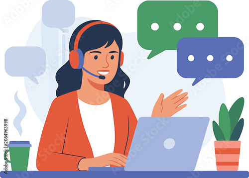 Female Customer Service Representative Wearing Headset Talking on Laptop with Chat Bubbles