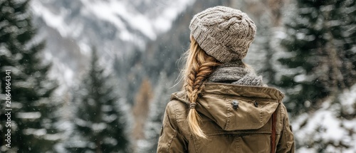 Winter Serenity: A solitary figure, viewed from behind, stands on a snow-covered mountain slope, surrounded by evergreen trees. The woman, wearing a warm knitted hat and winter jacket.