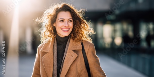 Confident Woman Walking: A smiling woman with curly hair, wearing a stylish camel coat, walks confidently outdoors in the city, illuminated by the warm, glowing sunlight.