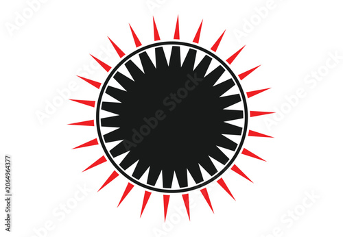 Valokuva Stylized sun icon with serrated black circle and sharp red radiant spikes abstra