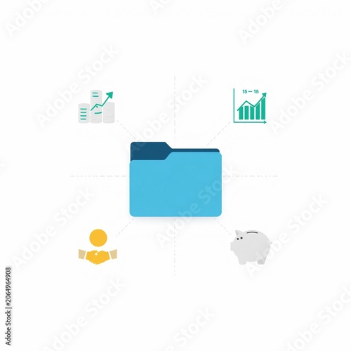 Document folder with connected business and data analysis icons, flat vector illustration
