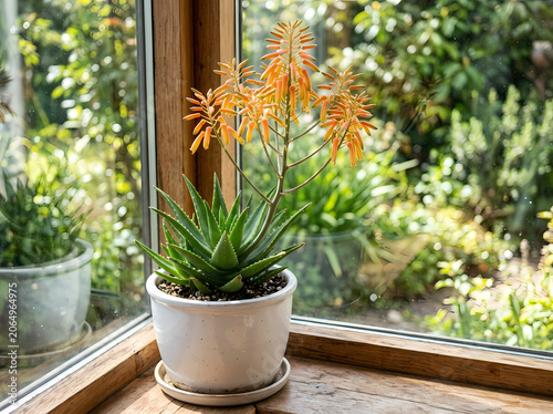 Flowering Aloe Plant on Sunny Windowsill