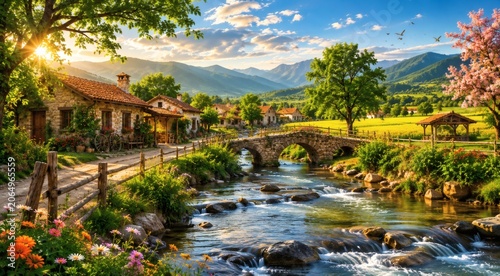 Golden Rural Village Landscape with Mountain Fields and Peaceful Countryside Sunrise