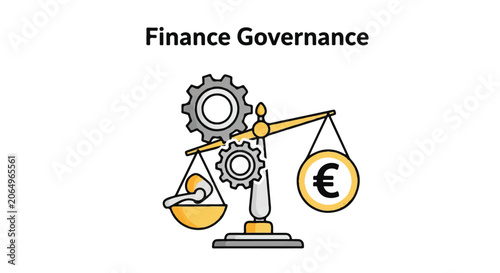 Illustration of finance governance featuring gears and a euro balance scale.