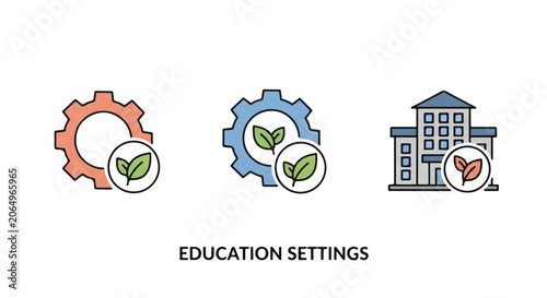 Educational settings icons with gears, leaf, and building.