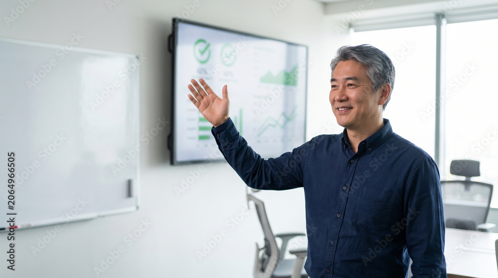 Fototapeta premium Senior Asian Businessman Presenting Security Dashboard in Modern Conference Room