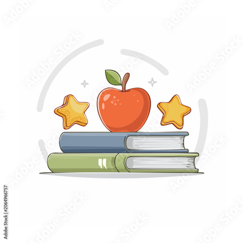 Apple on Stacked Books with Stars Illustration