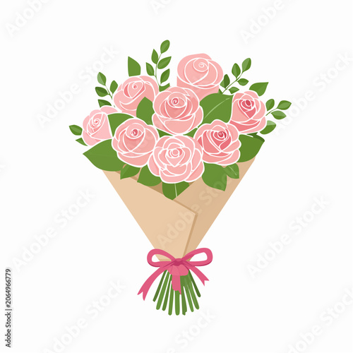 Bouquet of Pink Roses with Green Leaves and Pink Ribbon