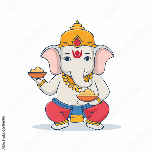 Cute Cartoon Ganesha Holding Food Bowls