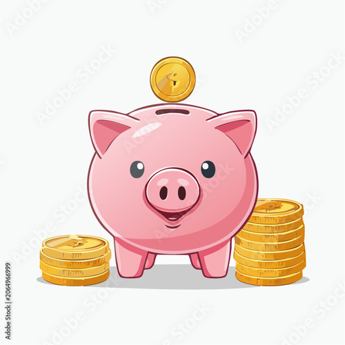Cute Pink Piggy Bank with Gold Coins