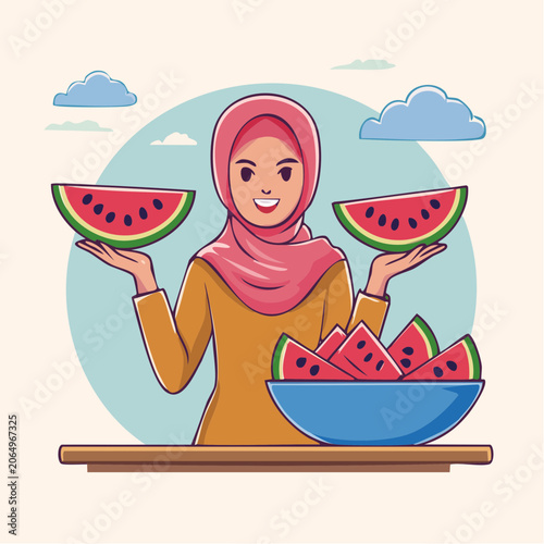 Woman in Hijab Holding Watermelon Slices with Bowl of Watermelon