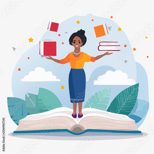 Woman Juggling Books on Open Book