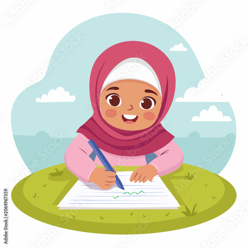 Young Muslim Girl Writing and Learning Outdoors