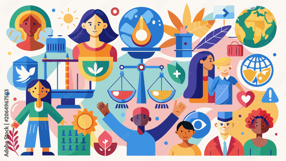 Fototapeta premium Vibrant Collage Illustration Symbolizing Universal Equality Peace and Global Community Solidarity