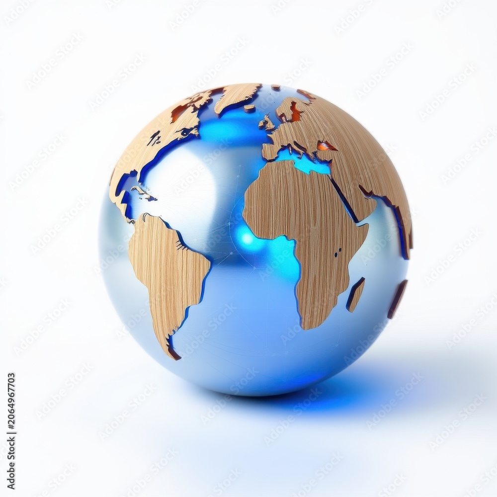 Fototapeta premium Globe depiction. Wooden continents float within blue sphere. Modern design, clean aesthetic, global representation. Bright studio lighting.