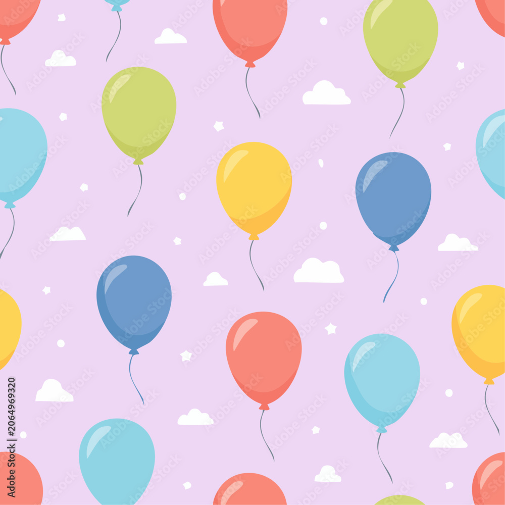 Obraz premium Colorful round balloons float among small white clouds in a seamless pattern style creating a playful party celebration background concept.