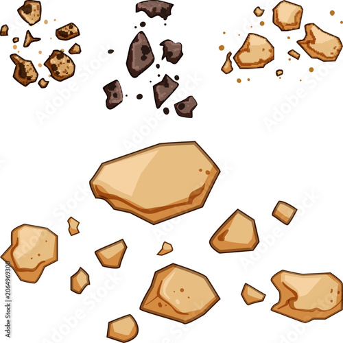 Tableau sur toile Assorted cookie crumbs and broken pieces scattered on a white background, creati
