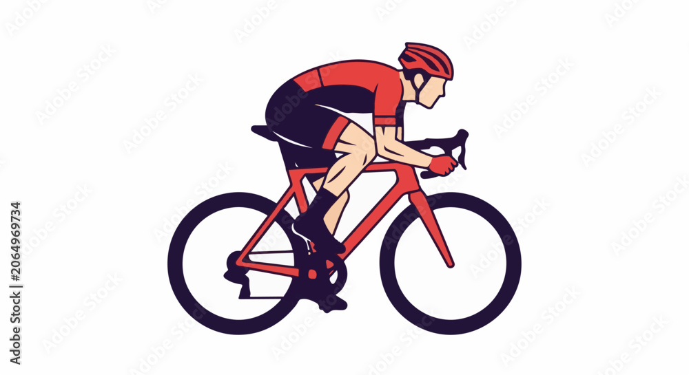 Fototapeta premium A cyclist in red and black clothing rides a red bicycle