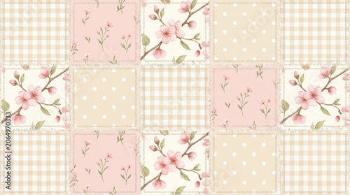 Seamless Cherry Blossom Patchwork Quilt Pattern