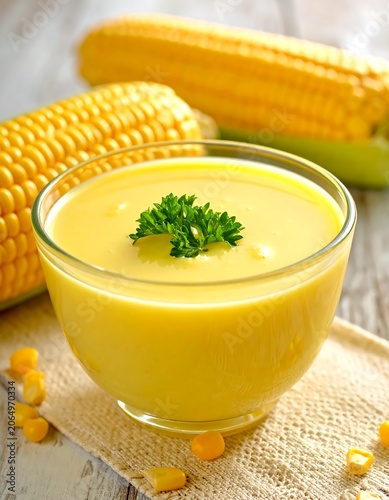 A glass bowl of creamy corn soup garnished with a parsley leaf