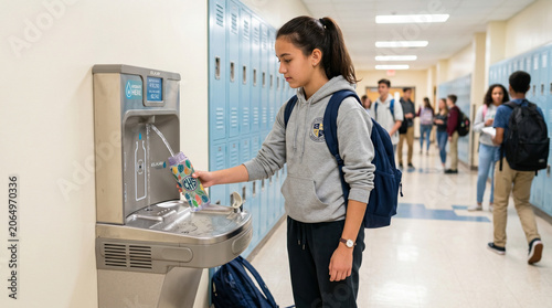 Young student filling water bottle at school water fountain  