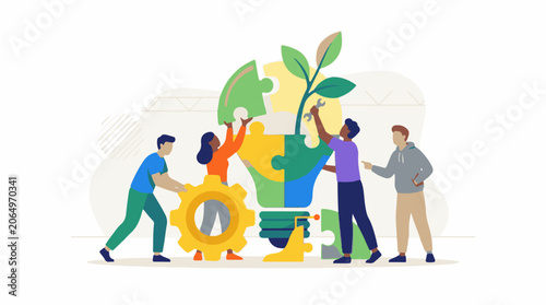 A diverse group of people assembling a lightbulb with a plant growing out of it
