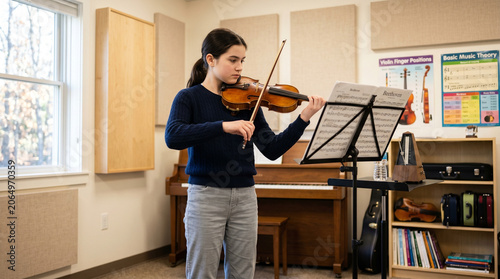 Girl practicing violin in music room while focused on sheet music  