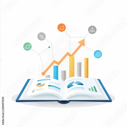 Business growth and data analysis concept, open book with rising charts and analytics, flat vector illustration