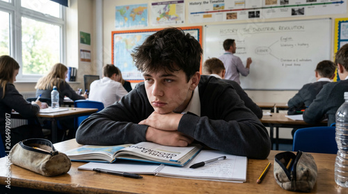 Teenager resting chin on desk with boredom in classroom setting - Concept of word search puzzle  