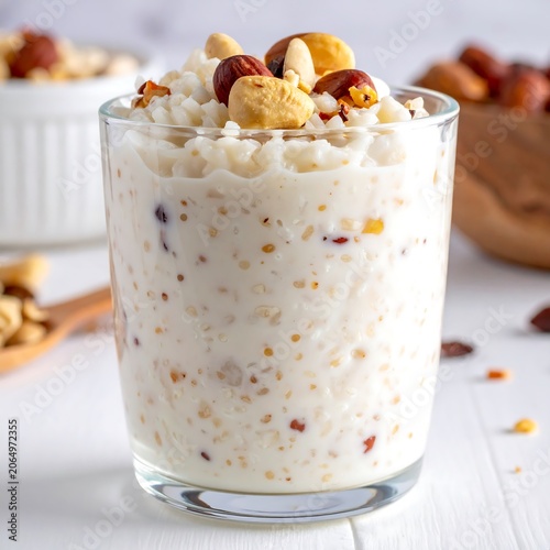 A glass of creamy dessert topped with nuts on a white table