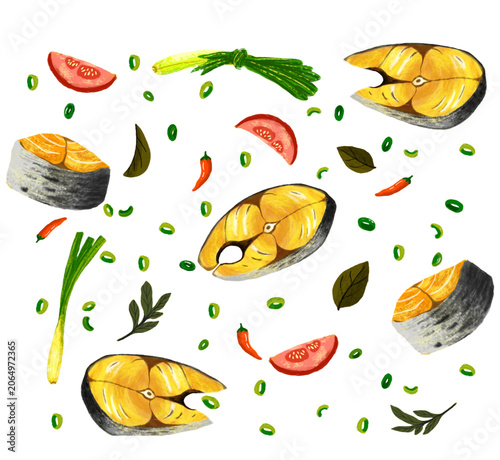 Hand Drawn Illustration of Pindang Patin Fish Soup Cooking Ingredients Set