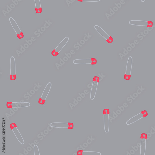 Schilderij op canvas pattern safety pin illustration with red clasp and gray metal needle, flat vecto