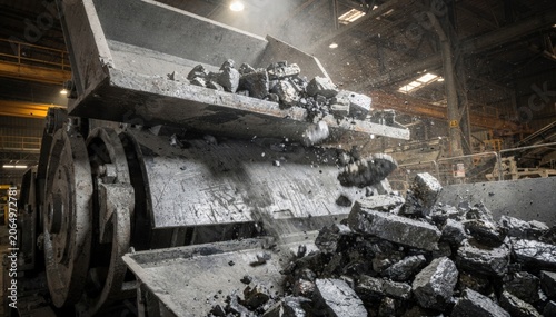 Medium shot of a jaw crusher breaking hardened ferroalloy chunks into smaller manageable sizes for industrial processing with clear mechanical motion and material flow.