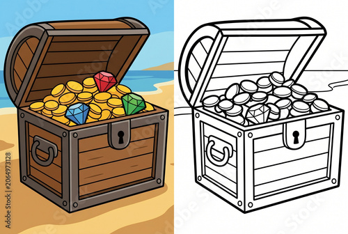 Treasure Chest Overflowing: An antique wooden treasure chest, brimming with gold coins and vibrant gemstones, sits open on a sandy beach with the ocean in the background.