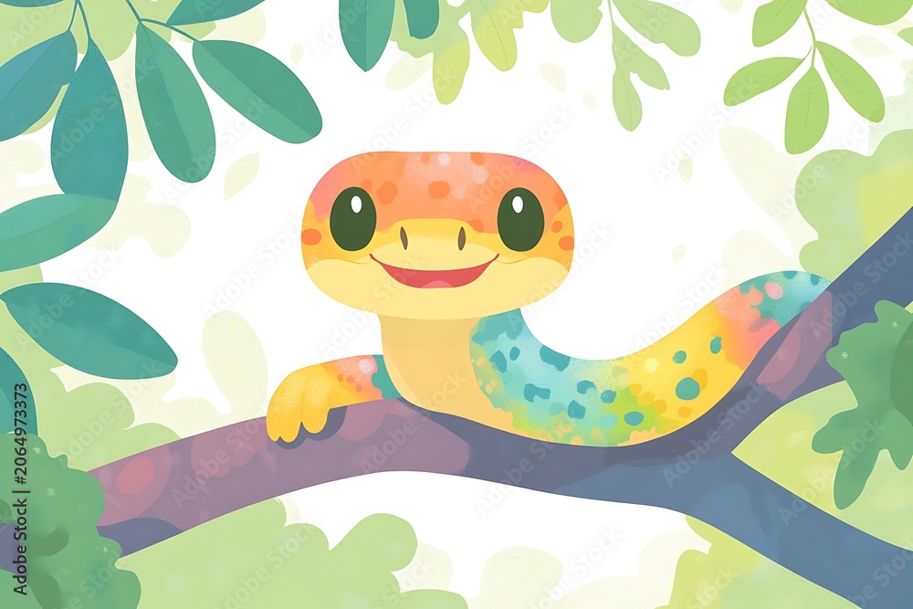 Obraz premium Cute cartoon frog sitting on a branch surrounded by lush green foliage