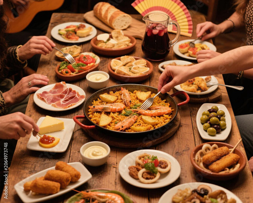 Group of Friends Sharing Traditional Spanish Tapas and Seafood Paella Feast at Wooden Table
