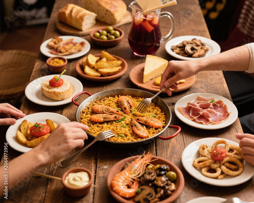 People Sharing Authentic Spanish Tapas and Seafood Paella Feast on Rustic Wooden Table