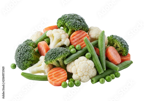 Vibrant, frosted IQF broccoli, cauliflower, carrots, green beans, and peas on a transparent background, medium shot, soft studio light, concept of fresh frozen produce