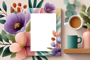 Blank page with floral border, coffee mug and decorative stationery mockup on flat lay
