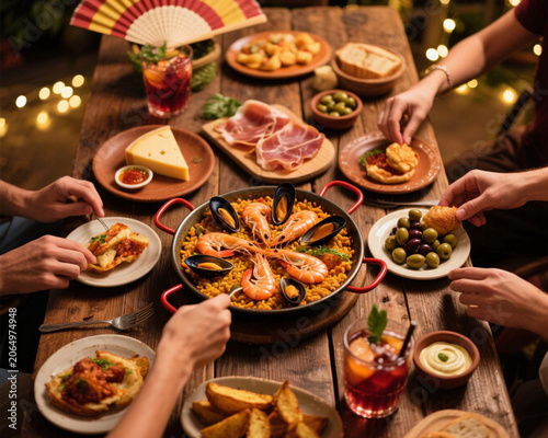 Friends Sharing Traditional Spanish Seafood Paella Dinner with Tapas and Sangria on Rustic Wooden Table