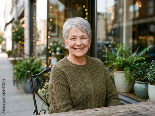 Smiling senior woman with short grey hair sitting at an outdoor cafe terrace