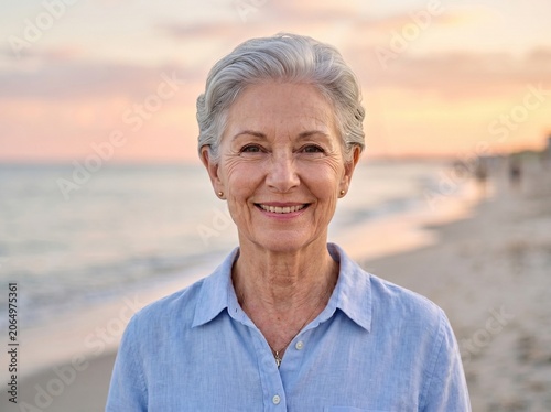 Portrait of a smiling senior woman relaxing on the beach during a beautiful sunset