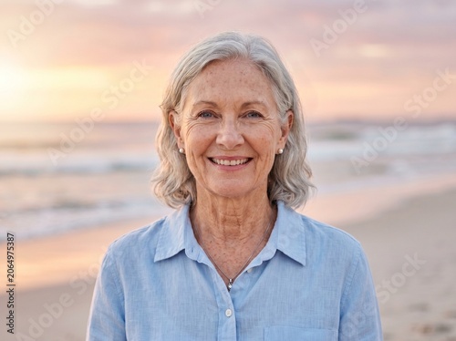 Cheerful retired grandmother in blue linen shirt posing on a sandy beach background