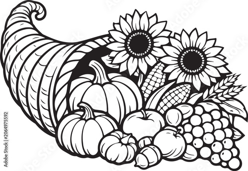 Black Cornucopia with Sunflowers Pumpkins Apples and Grapes white background
