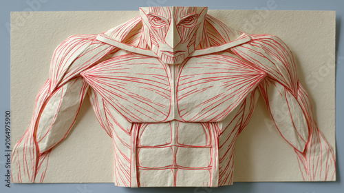 White Origami Torso Sculpture With Crimson Muscle Fold Lines on Clean Background
