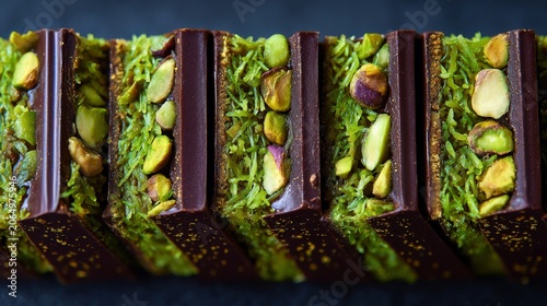 12.Detailed close up of pistachio filled chocolate bar with kadayif strands, vibrant green tones, rich chocolate contrast, luxury dessert presentation