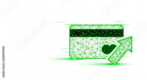 Digital credit card icon rendered with green glowing lines and nodes on a white background