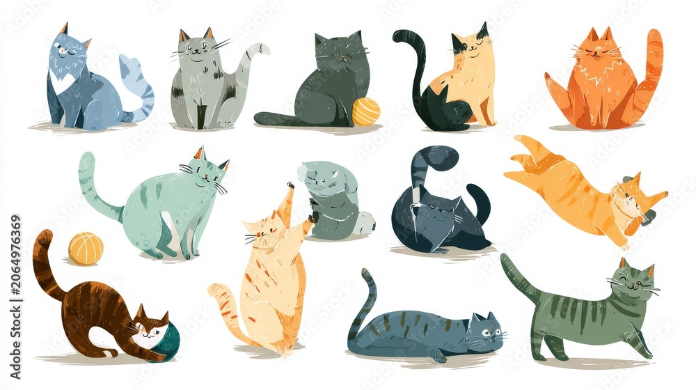 Naklejka premium 24.Modern flat color vector collection of cartoon cats showing daily activities, smooth curves, balanced proportions, friendly design, isolated white background