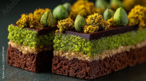 14.Close up gourmet chocolate bar with pistachio spread and green kadayif filling, textured layers, rich colors, premium dessert concept